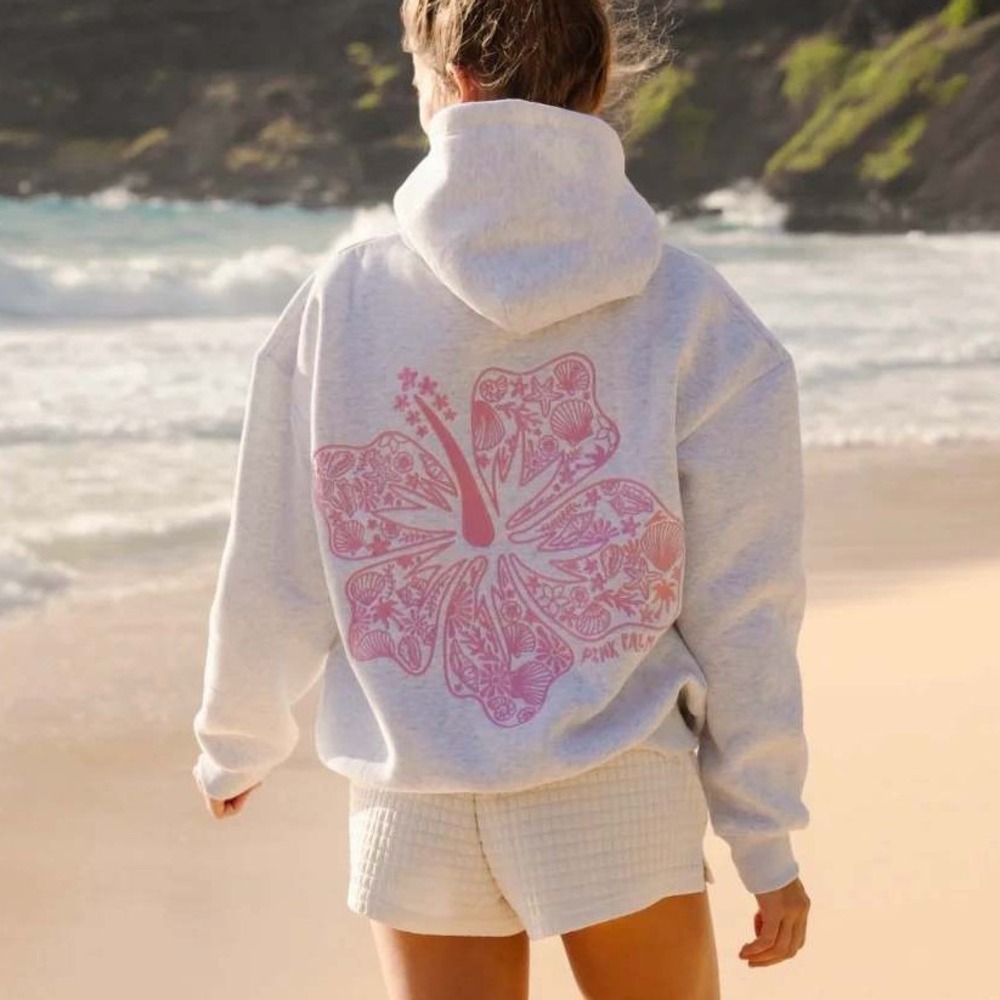 Pink Palm Puff "Hawaii Hibiscus" Hoodie in Heather Cloud Small New With Tags